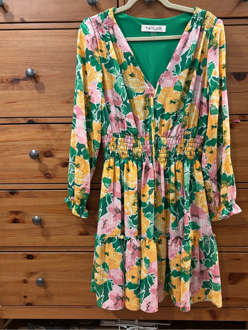 Taylor Green Pink Yellow Floral Smocked V-Neck Dress
